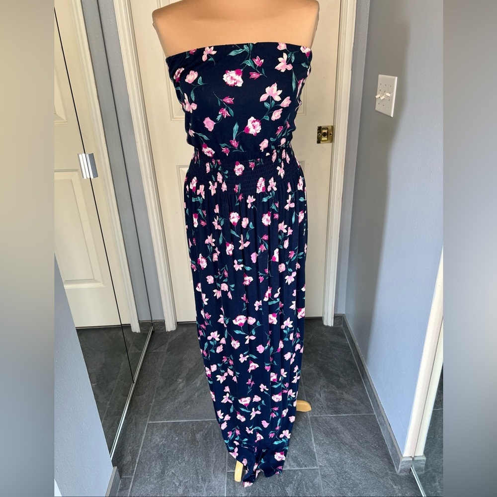 BP Navy Floral Strapless Maxi Dress With Side‎ Slit